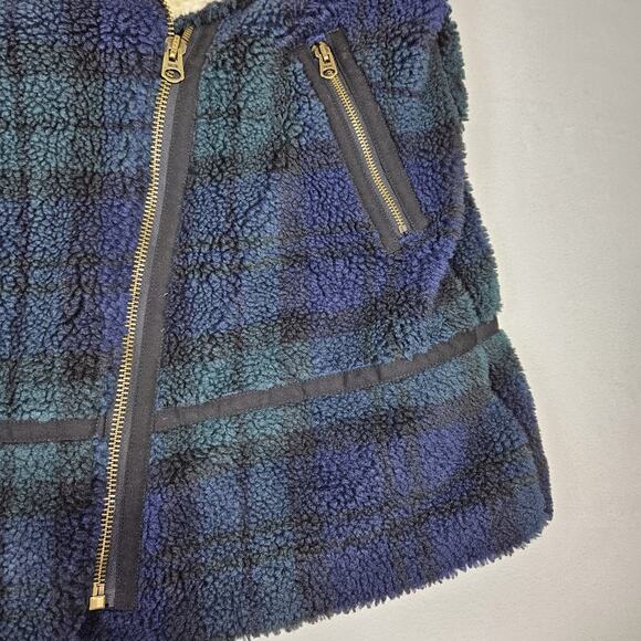 Faherty Montana Faux Shearling Coat Plaid Asymmetric Zip Moto Blue Sherpa XL - Picture 12 of 16